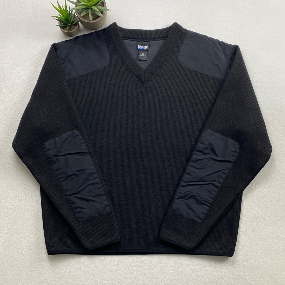 Blauer Ribbed Knit Fleece Lined V Neck Long Sleeve Patch Commando Sweater